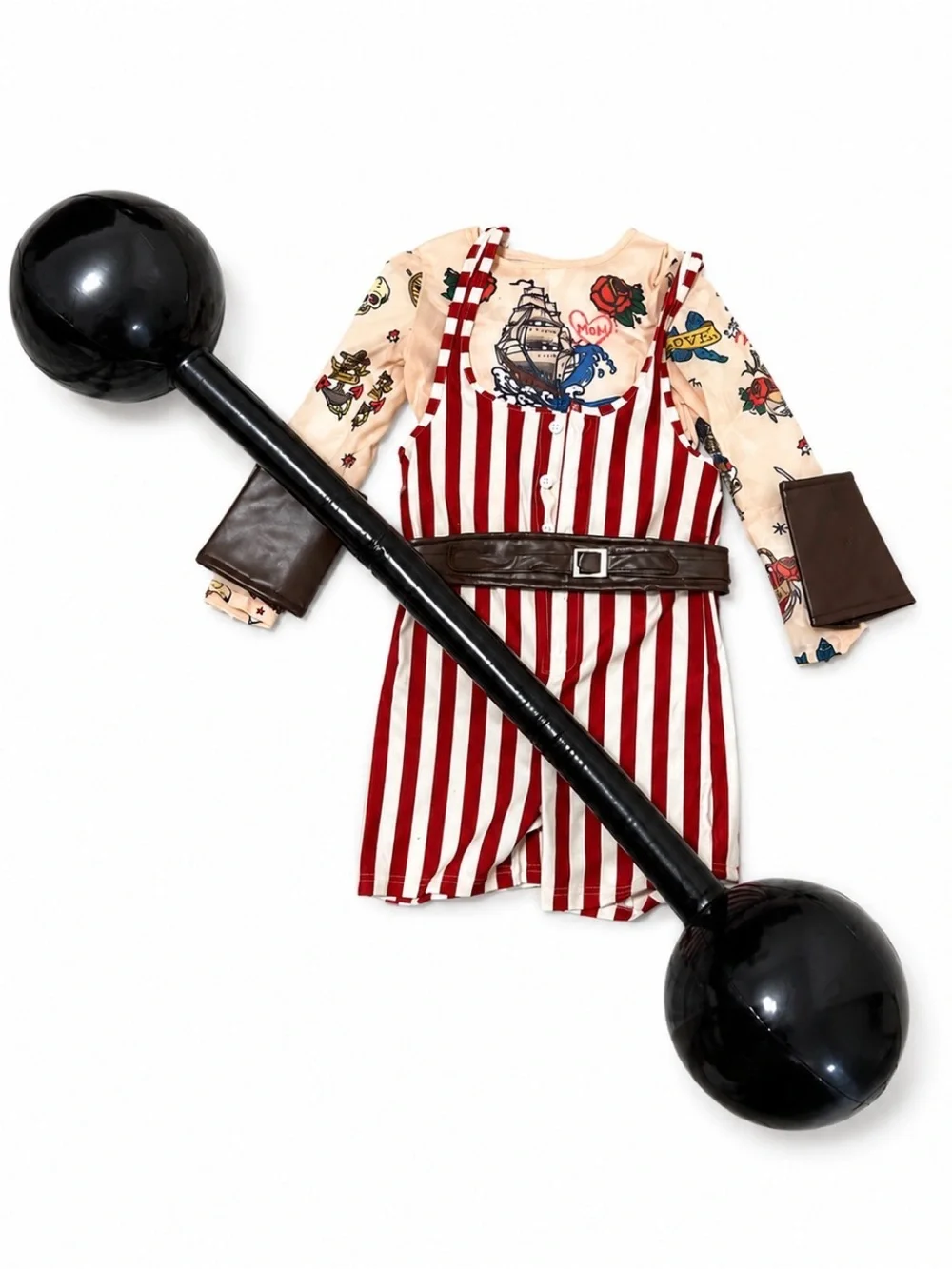 Kids Pirate Strongman Costume - Red Striped Romper with Tattoo Print Shirt